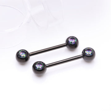 Detail View 1 of A Pair of Implant Grade Titanium Blackline Gem Ball Internally Threaded Nipple Barbell-Vitrail Medium